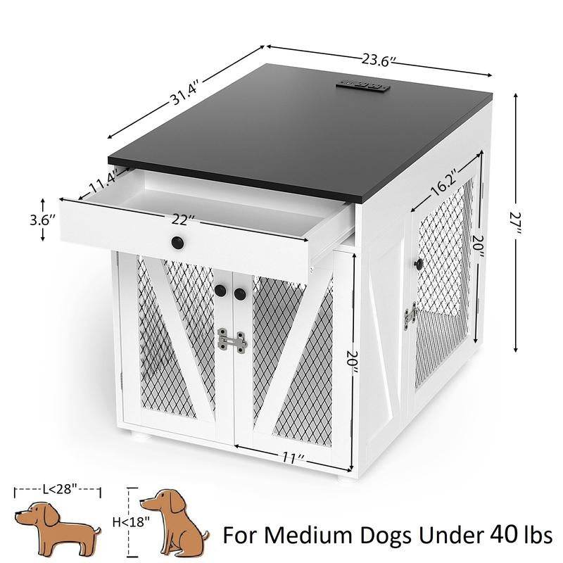 Dog Crate End Table Furniture with Drawer & USB Charging | Wooden Dog Kennel for Medium Dogs