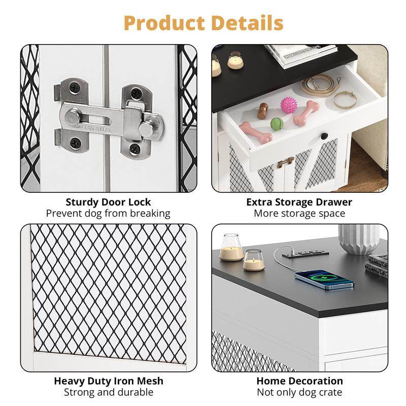 Dog Crate End Table Furniture with Drawer & USB Charging | Wooden Dog Kennel for Medium Dogs