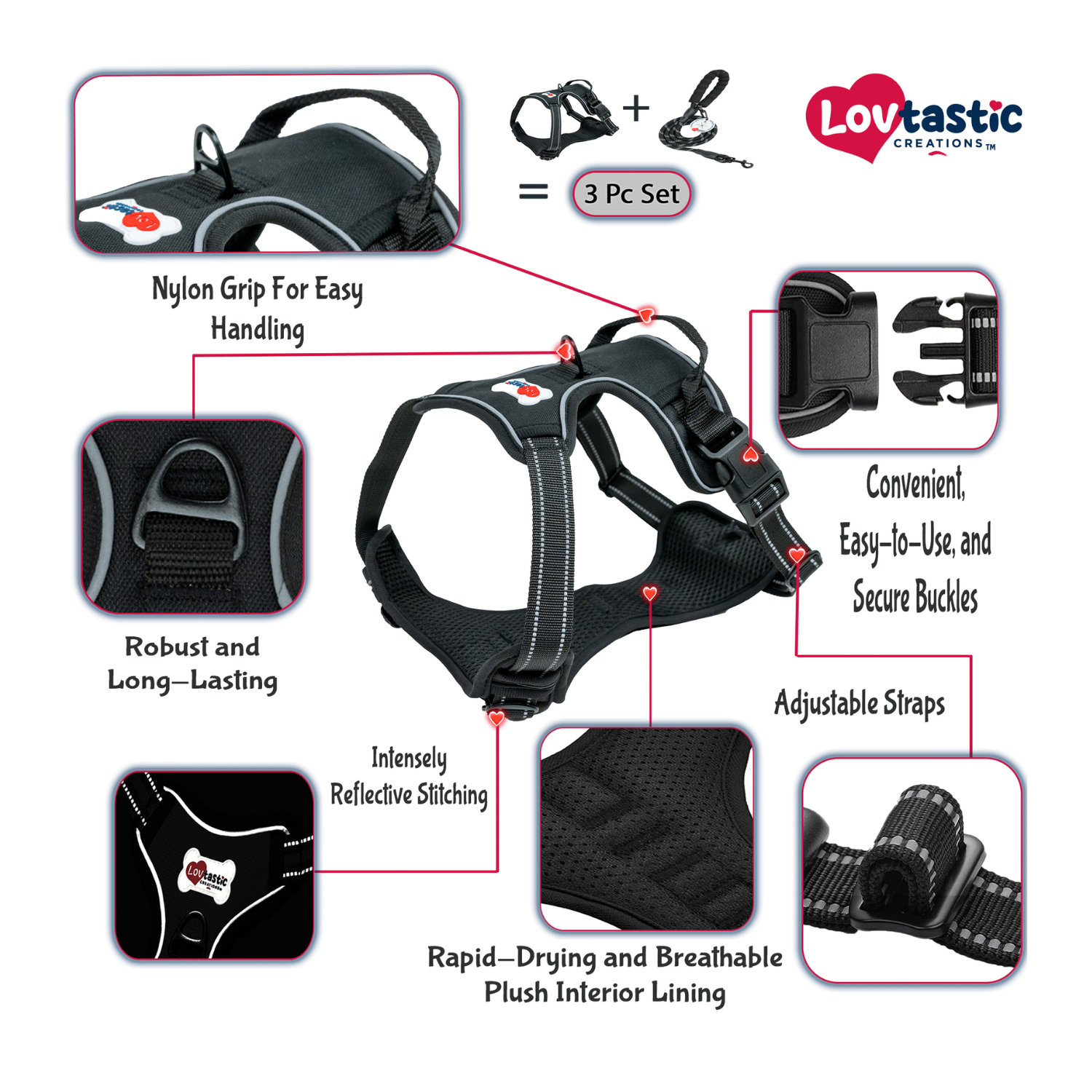 Lovtastic Creations™ No-Pull Dog Harness - with Strong & Durable Dog Leash & Free Poopbag Holder 3pcs Set | Reflective No-Choke Pet Harness