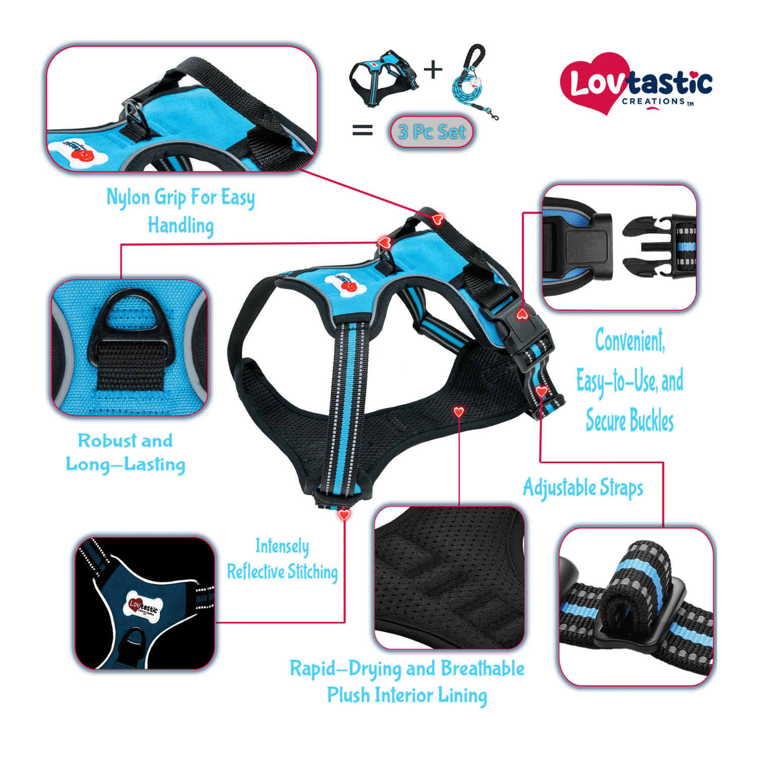 Lovtastic Creations™ No-Pull Dog Harness - with Strong & Durable Dog Leash & Free Poopbag Holder 3pcs Set | Reflective No-Choke Pet Harness