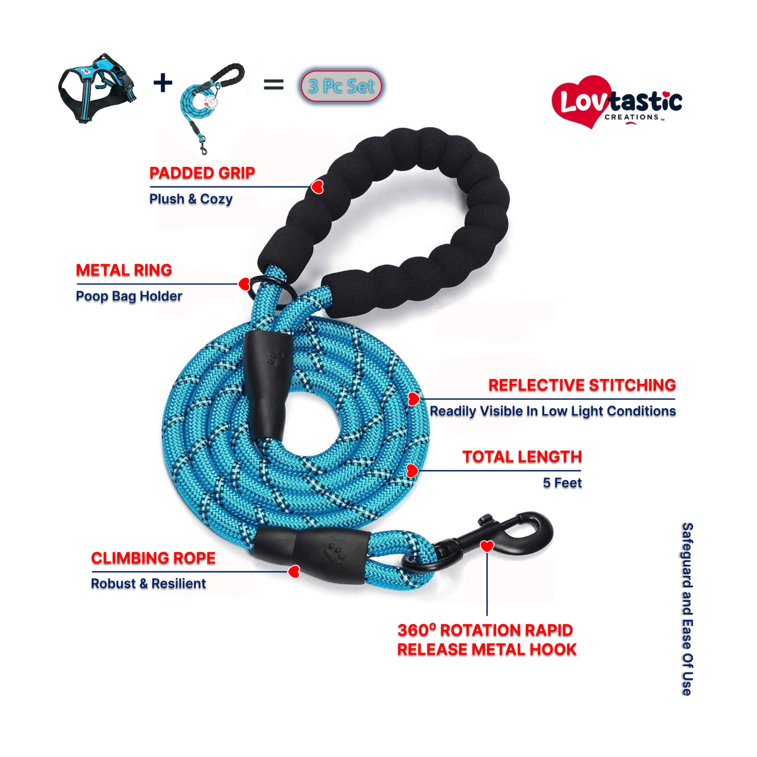 Lovtastic Creations™ No-Pull Dog Harness - with Strong & Durable Dog Leash & Free Poopbag Holder 3pcs Set | Reflective No-Choke Pet Harness
