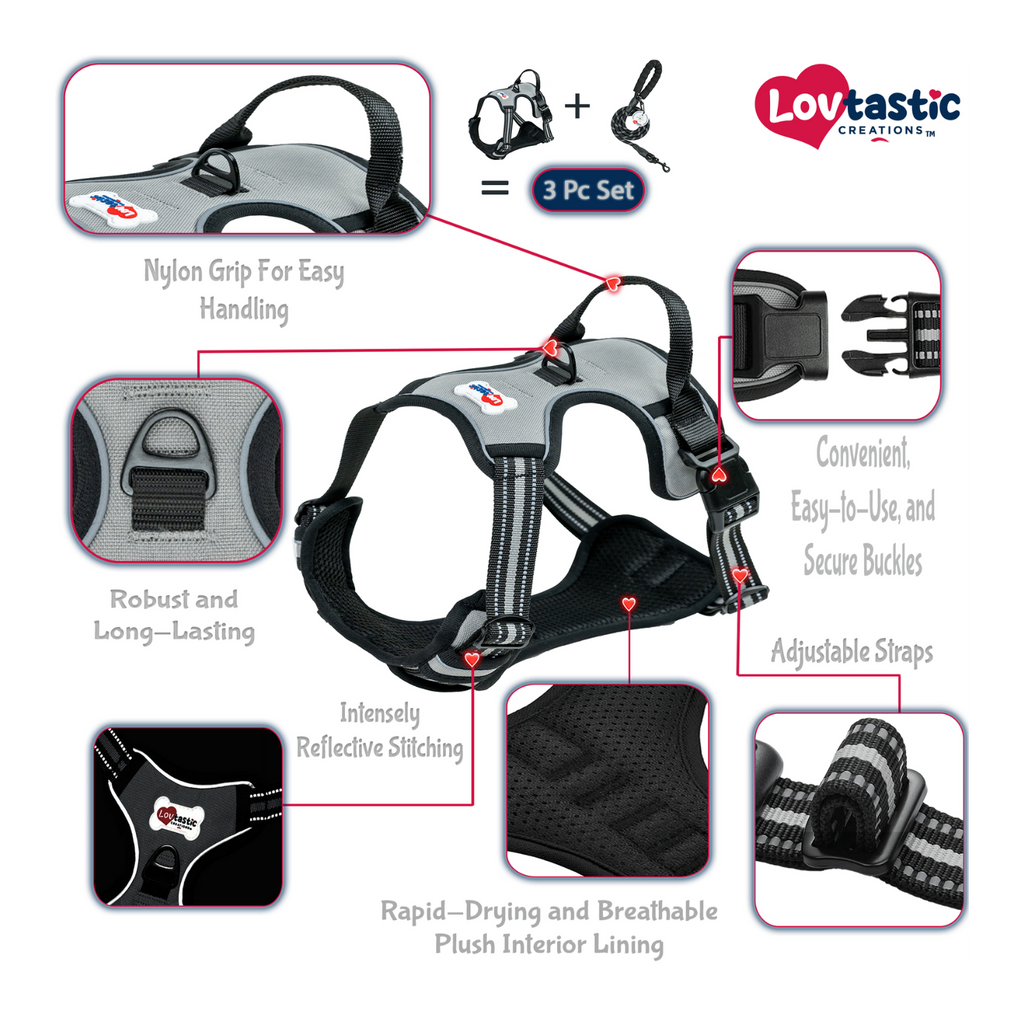 Lovtastic Creations™ No-Pull Dog Harness - with Strong & Durable Dog Leash & Free Poopbag Holder 3pcs Set | Reflective No-Choke Pet Harness
