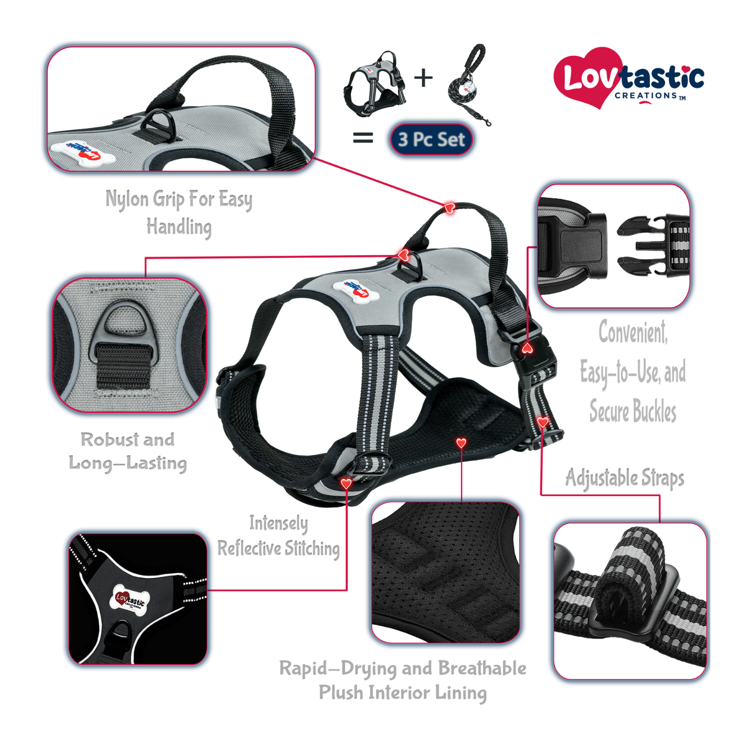 Lovtastic Creations™ No-Pull Dog Harness - with Strong & Durable Dog Leash & Free Poopbag Holder 3pcs Set | Reflective No-Choke Pet Harness