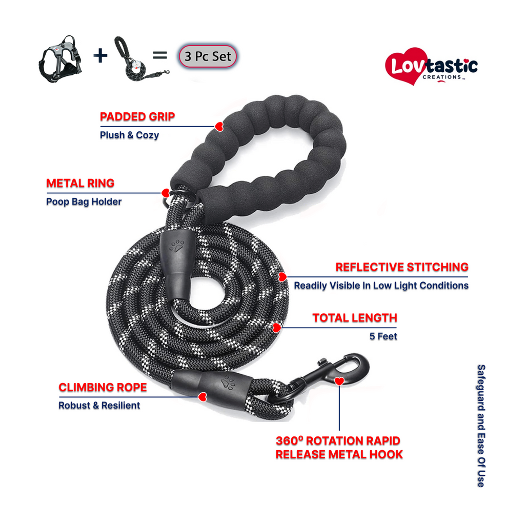 Lovtastic Creations™ No-Pull Dog Harness - with Strong & Durable Dog Leash & Free Poopbag Holder 3pcs Set | Reflective No-Choke Pet Harness