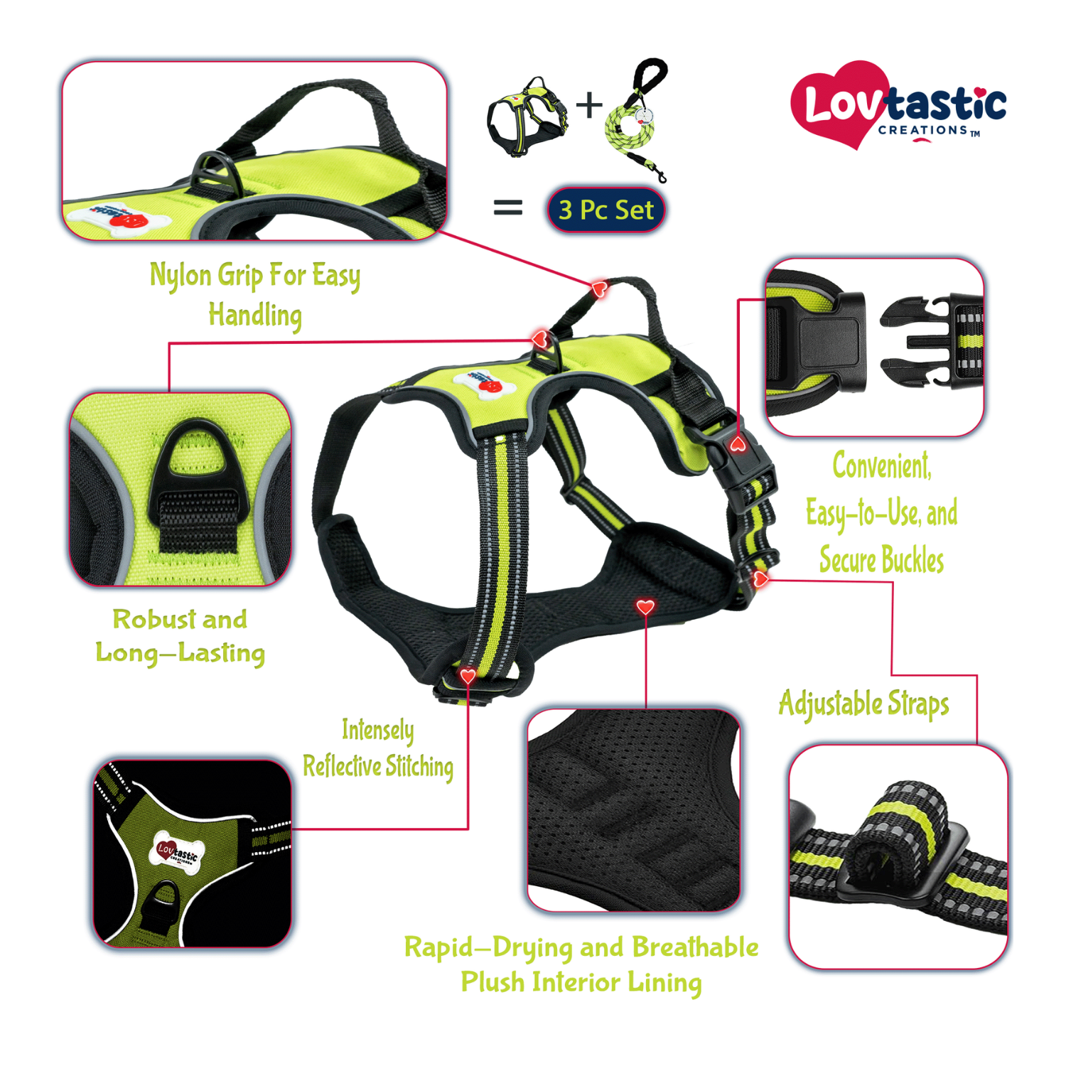 Lovtastic Creations™ No-Pull Dog Harness - with Strong & Durable Dog Leash & Free Poopbag Holder 3pcs Set | Reflective No-Choke Pet Harness