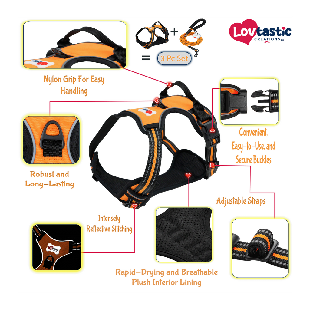 Lovtastic Creations™ No-Pull Dog Harness - with Strong & Durable Dog Leash & Free Poopbag Holder 3pcs Set | Reflective No-Choke Pet Harness