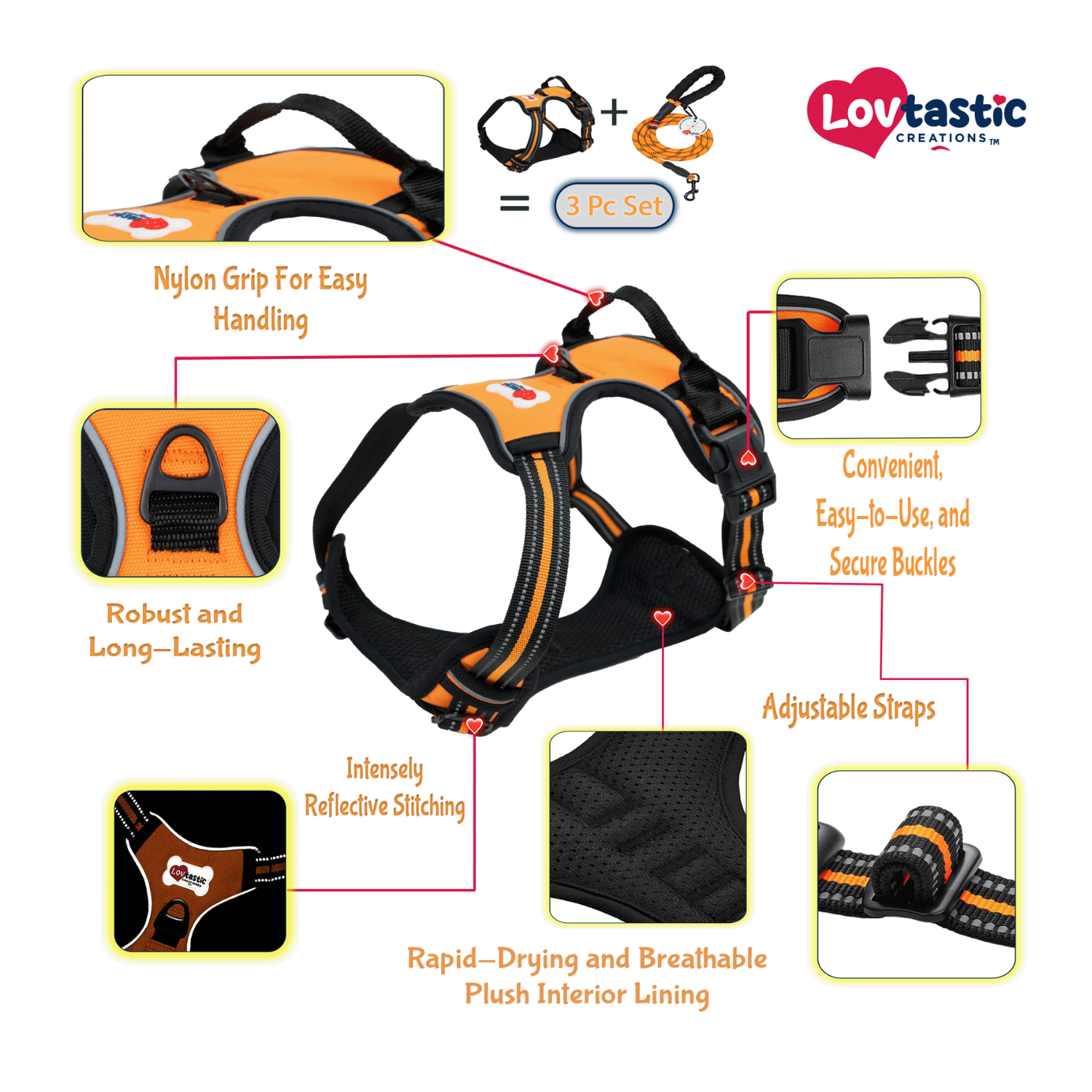 Lovtastic Creations™ No-Pull Dog Harness - with Strong & Durable Dog Leash & Free Poopbag Holder 3pcs Set | Reflective No-Choke Pet Harness