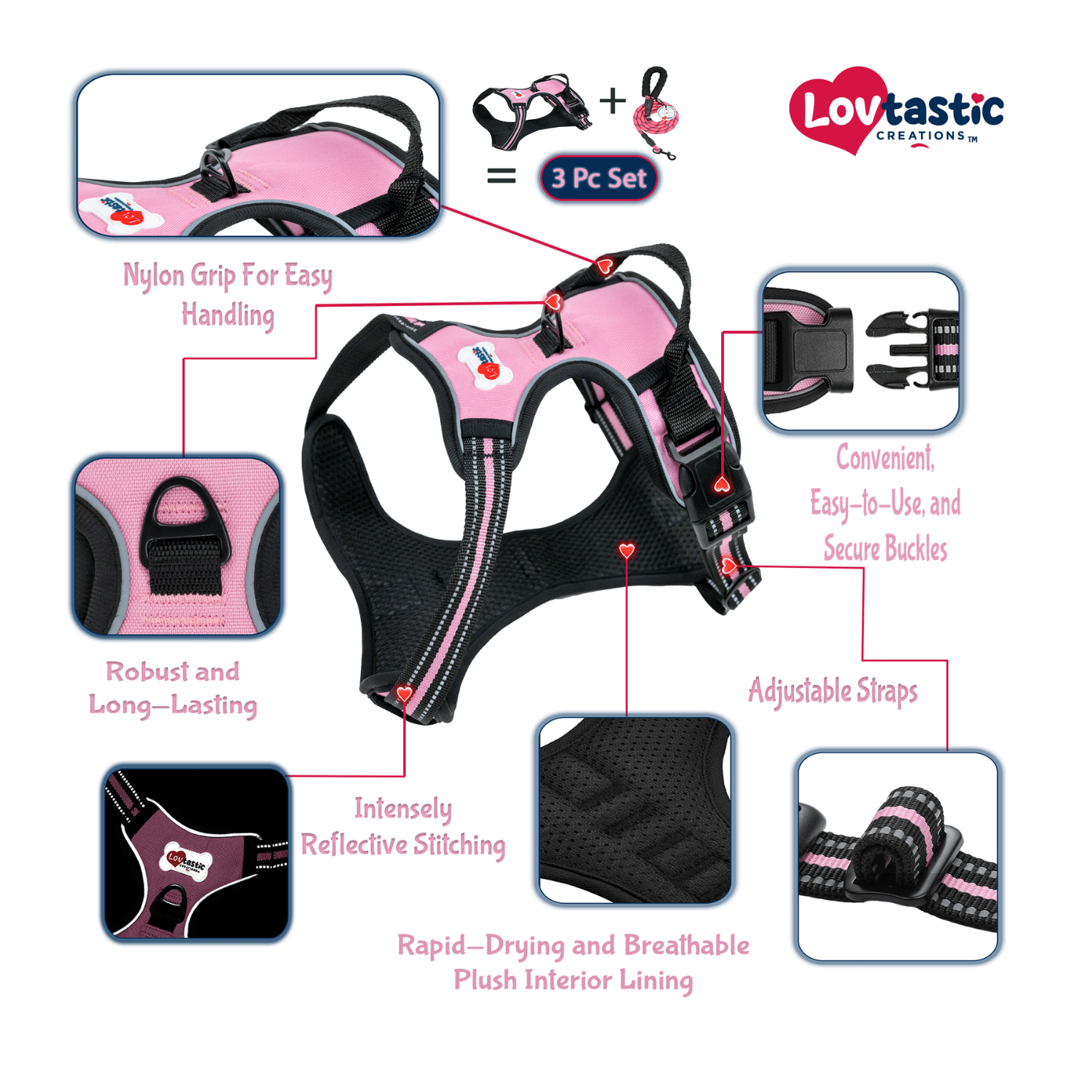 Lovtastic Creations™ No-Pull Dog Harness - with Strong & Durable Dog Leash & Free Poopbag Holder 3pcs Set | Reflective No-Choke Pet Harness