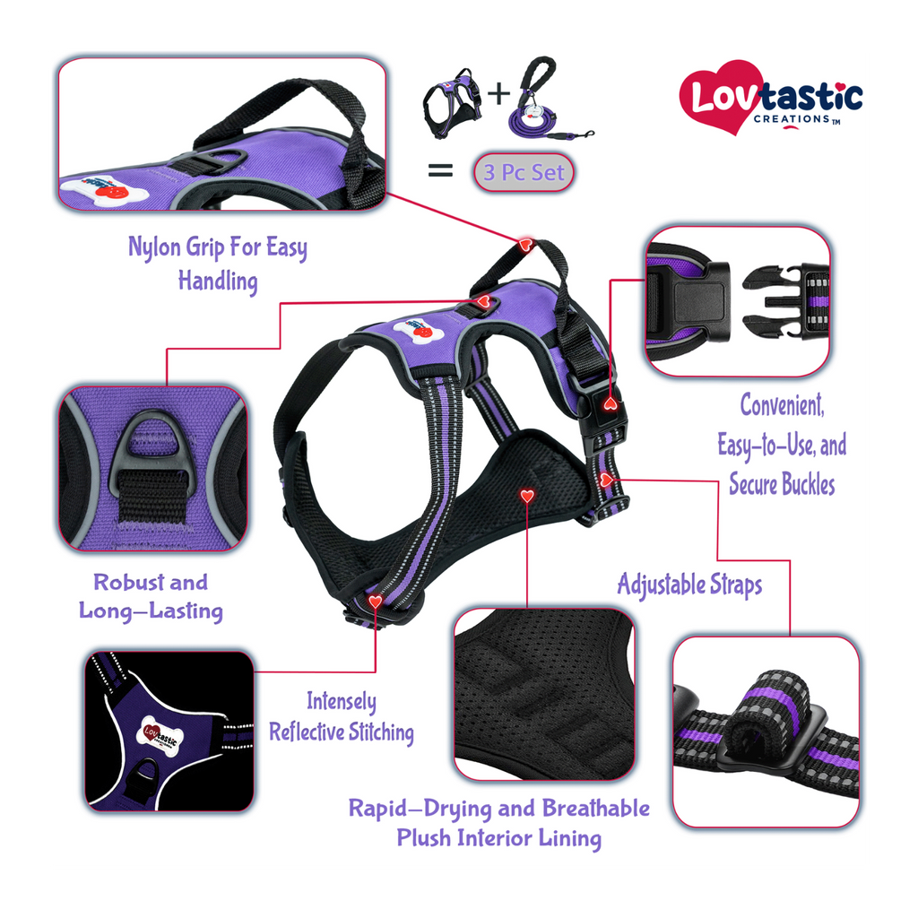 Lovtastic Creations™ No-Pull Dog Harness - with Strong & Durable Dog Leash & Free Poopbag Holder 3pcs Set | Reflective No-Choke Pet Harness
