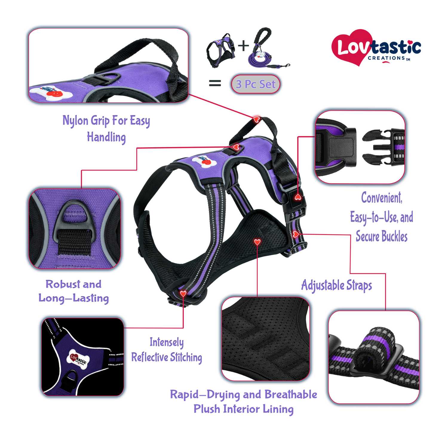 Lovtastic Creations™ No-Pull Dog Harness - with Strong & Durable Dog Leash & Free Poopbag Holder 3pcs Set | Reflective No-Choke Pet Harness