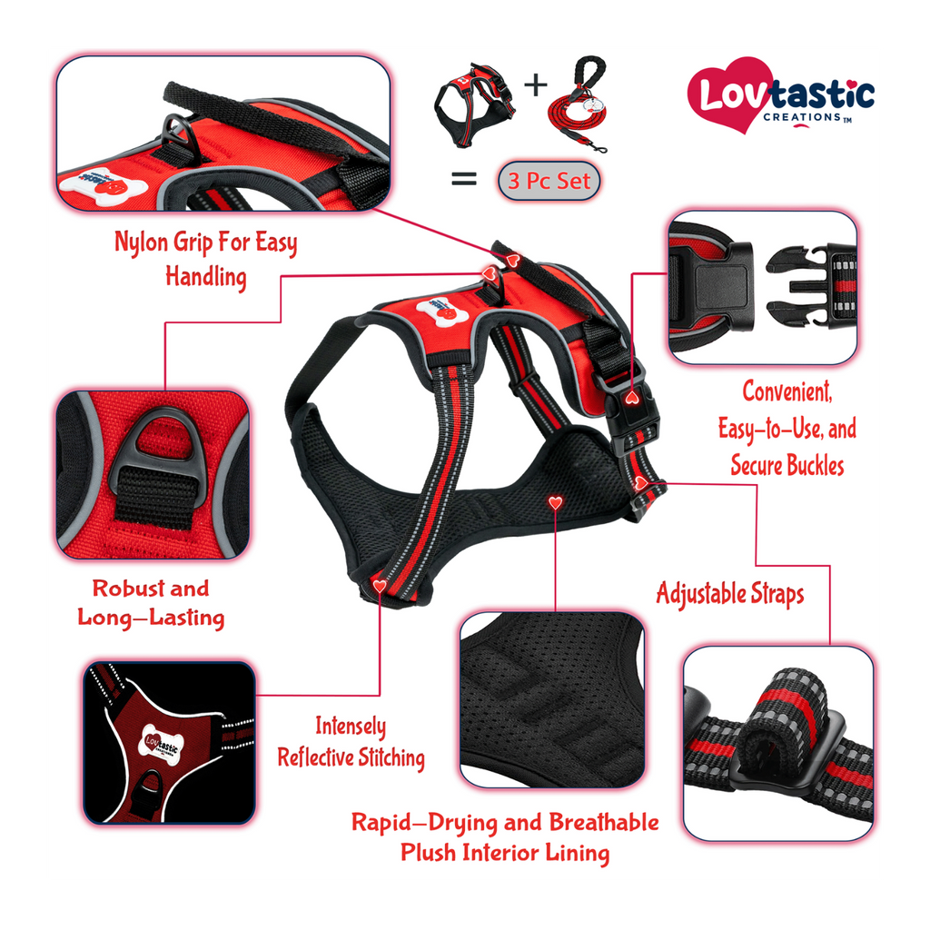 Lovtastic Creations™ No-Pull Dog Harness - with Strong & Durable Dog Leash & Free Poopbag Holder 3pcs Set | Reflective No-Choke Pet Harness