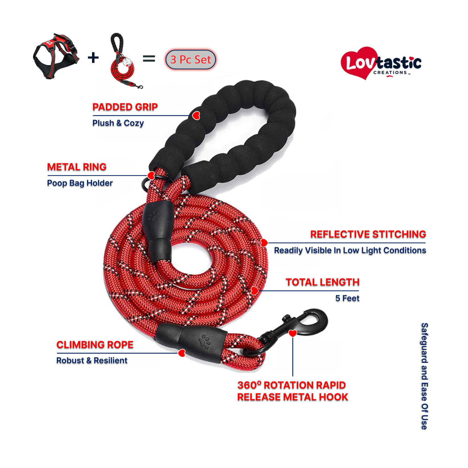 Lovtastic Creations™ No-Pull Dog Harness - with Strong & Durable Dog Leash & Free Poopbag Holder 3pcs Set | Reflective No-Choke Pet Harness