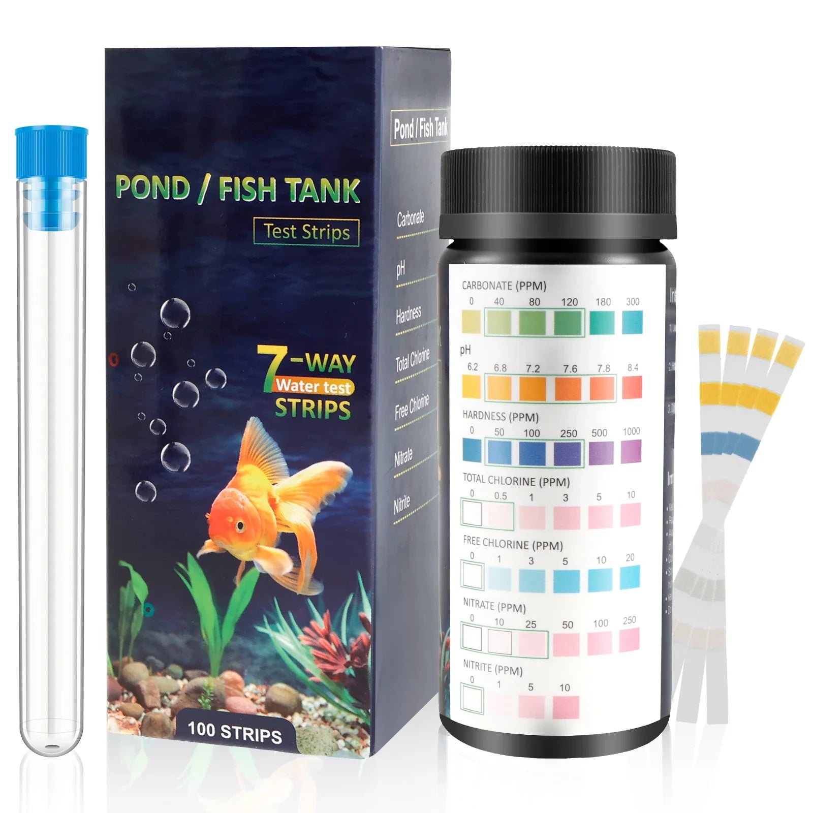 100 Pcs 9-IN-1/7-IN-1 Aquarium Test Strips Fast Accurate Fish Tank Test Kit with Test Tube Water Quality Monitor pH Test Strips