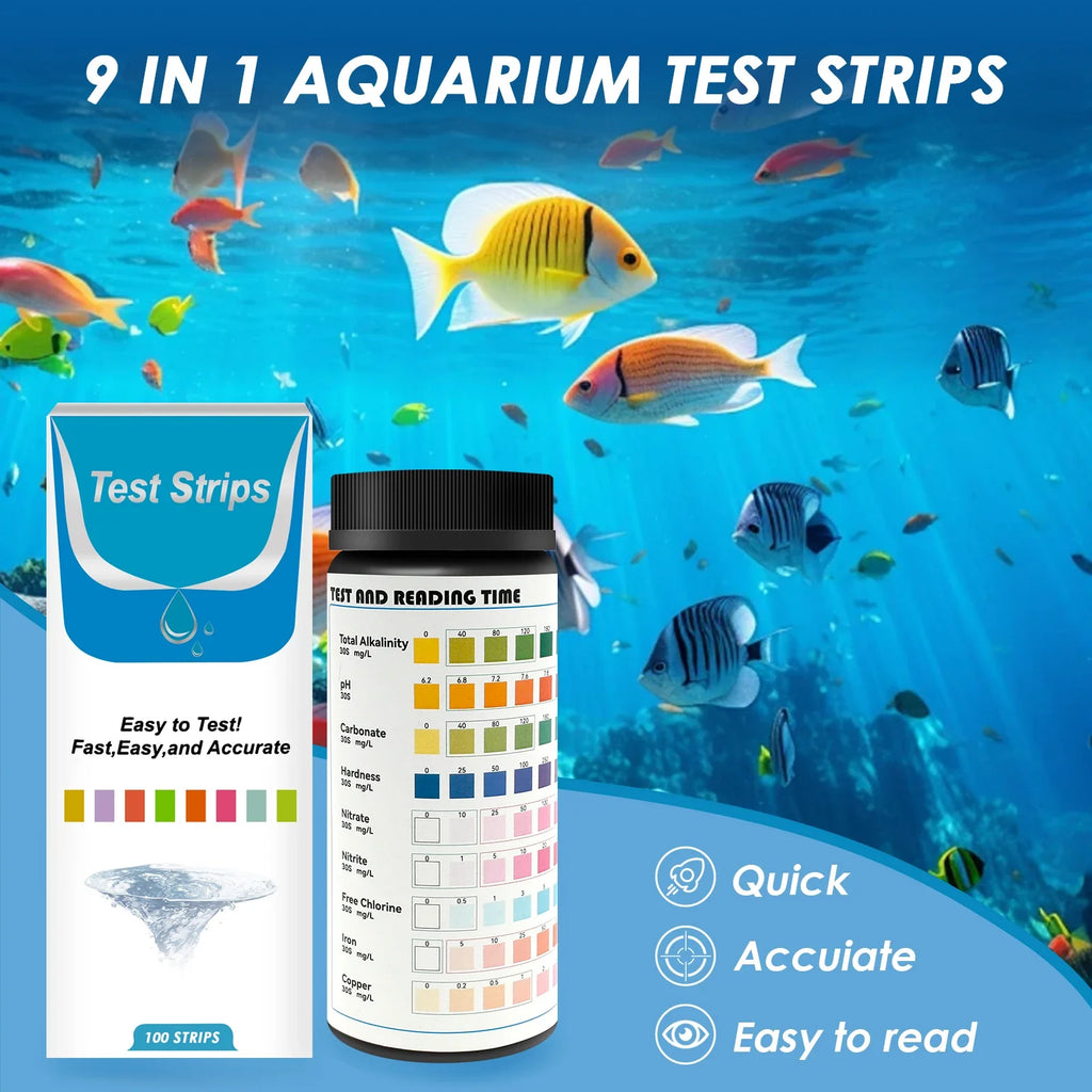 100 Pcs 9-IN-1/7-IN-1 Aquarium Test Strips Fast Accurate Fish Tank Test Kit with Test Tube Water Quality Monitor pH Test Strips