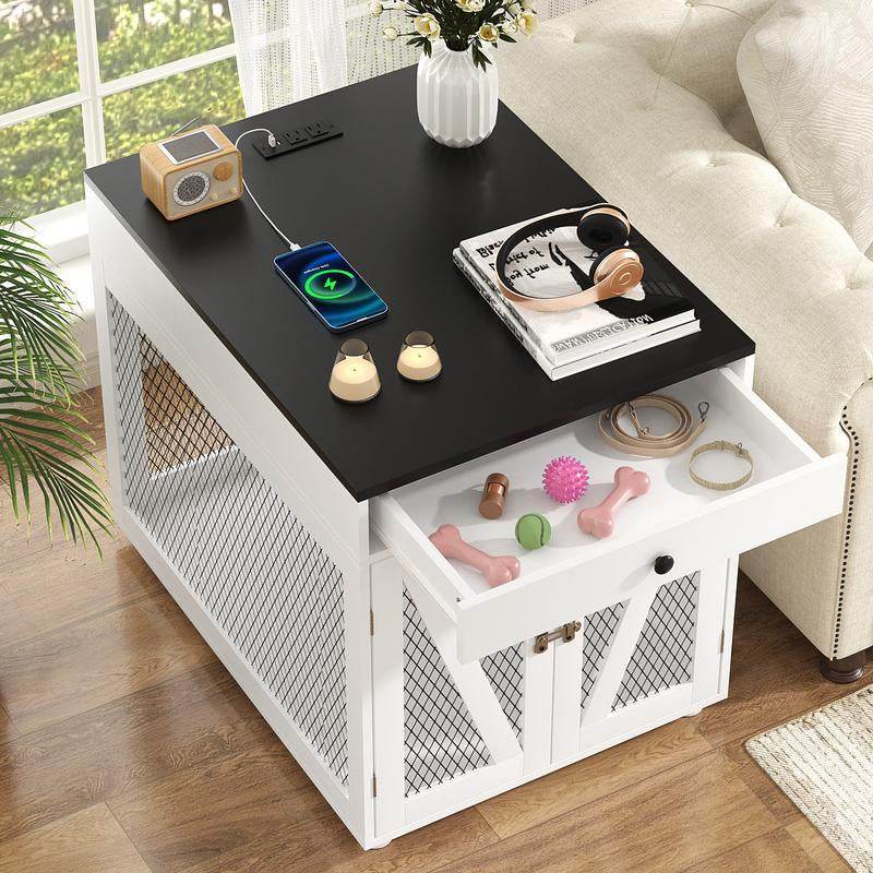 Dog Crate End Table Furniture with Drawer & USB Charging | Wooden Dog Kennel for Medium Dogs